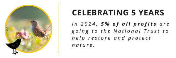 Banner with a photo of a bird and text that reads "Celebrating 5 years. In 2024, 5% of all profits are going to the National Trust to help restore and protect nature."
